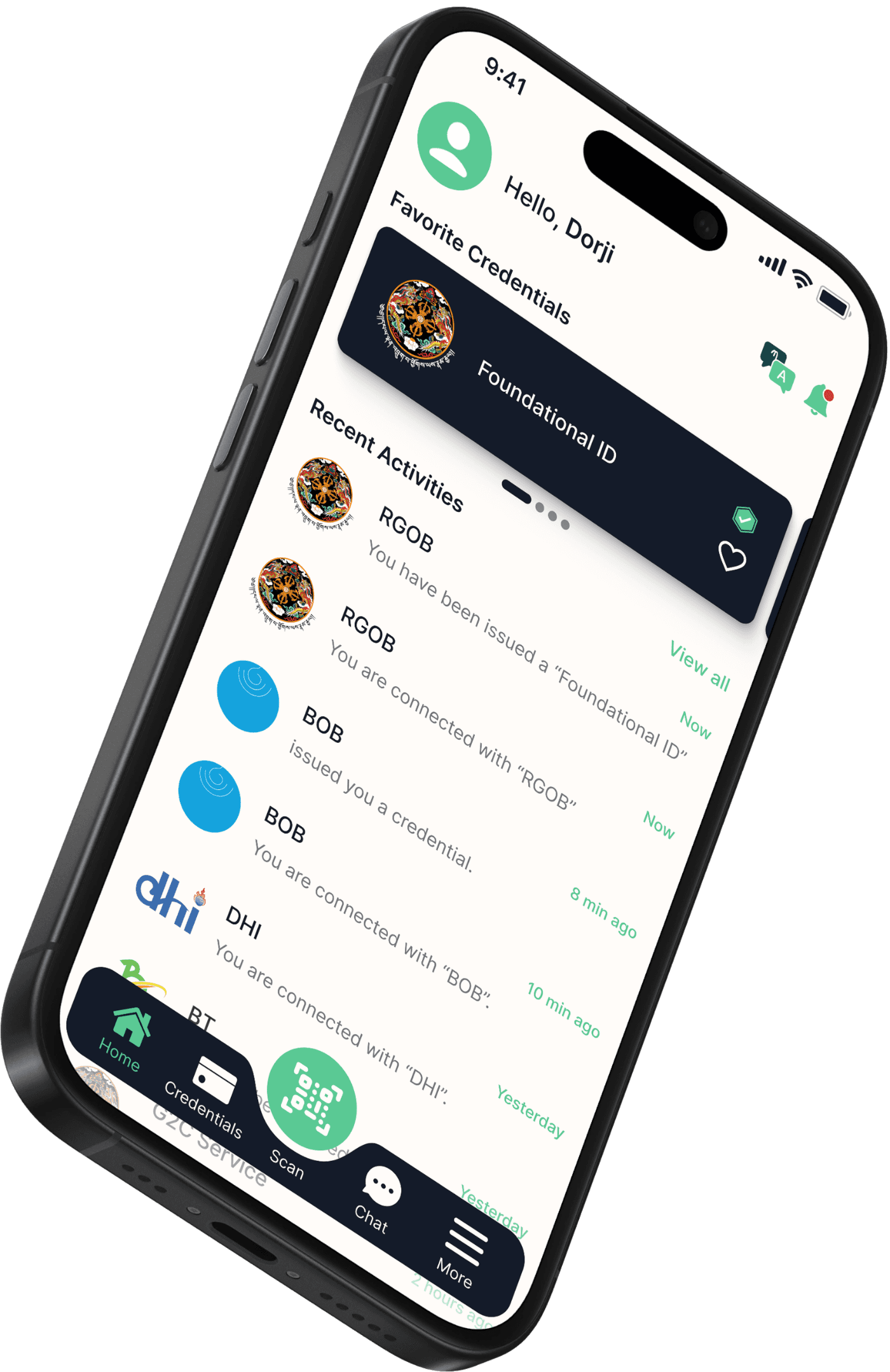 Bhutan NDI wallet — home screen with favourite credentials